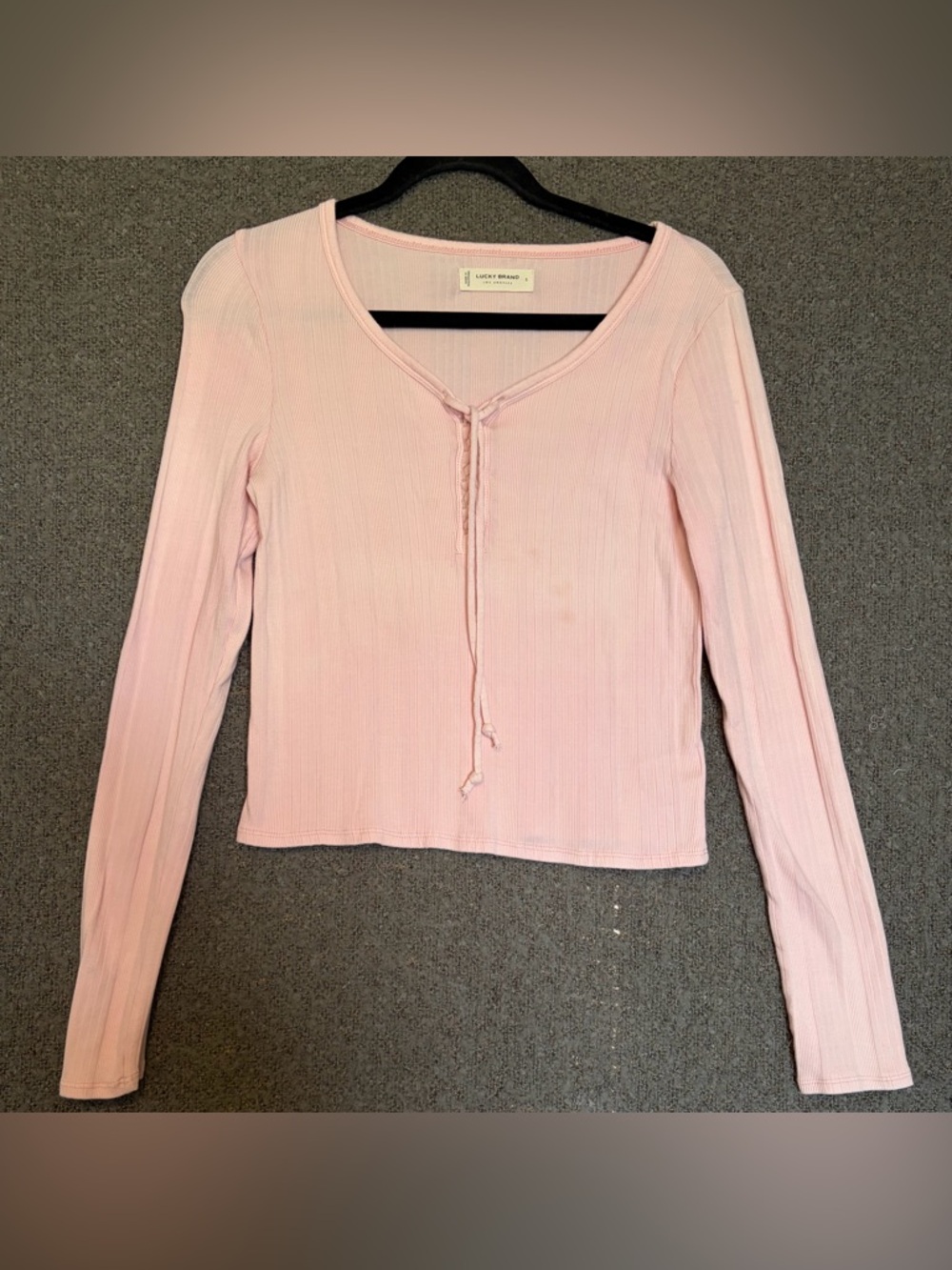 Lucky Brand Pale Pink Ribbed Long Sleeve Tie-Front Top